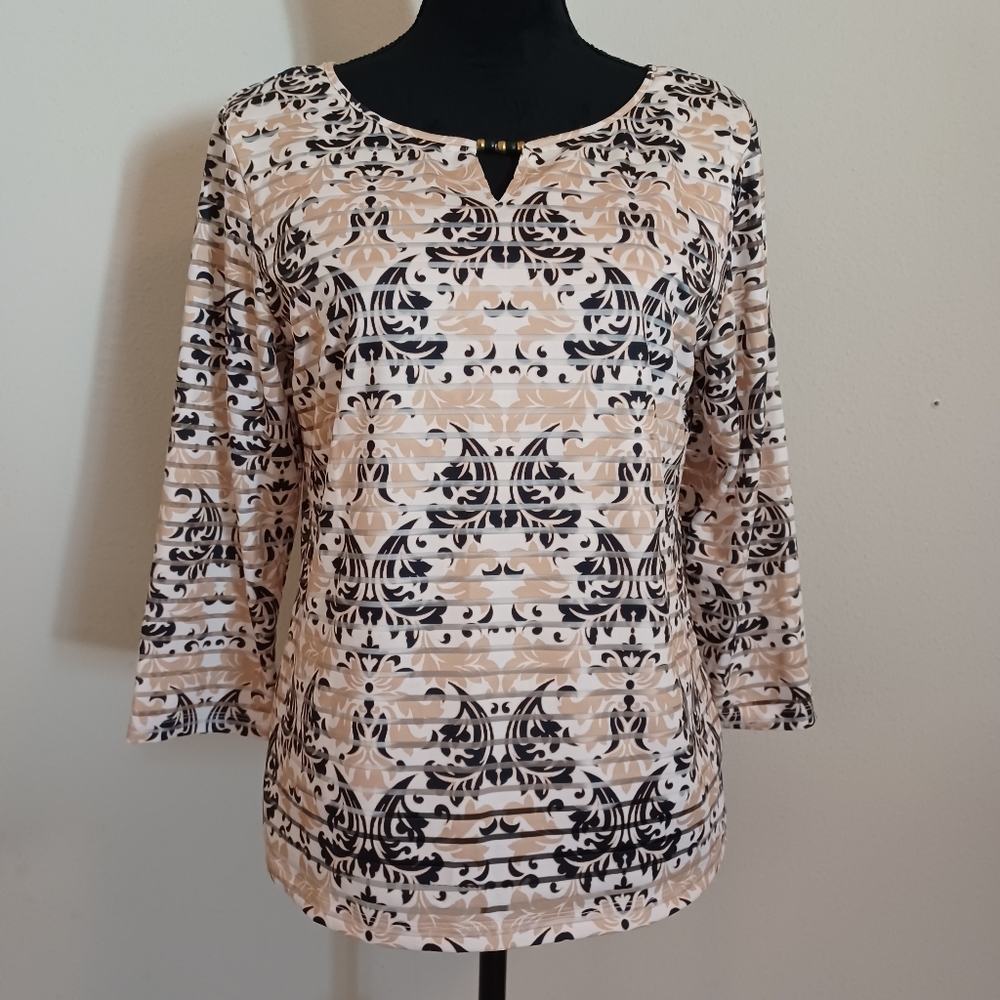 🦋Hearts of Palm Tan and Black 3/4 Length Sleeved Blouse Tunic Top Size Medium